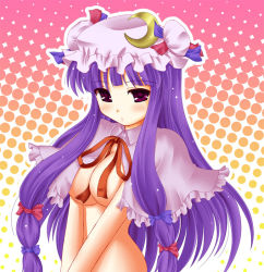 Rule 34 | 1girl, between breasts, blush, bottomless, bow, breasts, capelet, cleavage, crescent, female focus, hair bow, hat, kinagi yuu, long hair, multiple hair bows, patchouli knowledge, purple eyes, purple hair, ribbon, solo, touhou