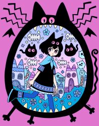 Rule 34 | 1girl, :&lt;, animal ears, bat wings, black cat, black dress, black footwear, black hair, blue capelet, blue pantyhose, blush stickers, bright pupils, building, bush, capelet, cat, cat ears, chimney, closed mouth, commentary request, door, dot nose, dress, extra eyes, fish bone, flower (symbol), garouma, highres, looking to the side, mountainous horizon, original, outside border, pantyhose, pink background, pink eyes, shoes, short hair, short sleeves, sign, signature, smoke, solo, walking, white pupils, window, wings