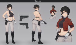 Rule 34 | 1girl, absurdres, ass, bare shoulders, belt, black footwear, black hair, blue eyes, boots, breasts, commentary, cropped jacket, cross-laced footwear, ear piercing, full body, gloves, gluteal fold, gun, hair ornament, hairclip, handgun, highres, holster, jacket, lace-up boots, looking at viewer, medium breasts, midriff, multiple views, navel, original, pants, pantylines, piercing, short hair, sideboob, simple background, trigger discipline, unsomnus, weapon, white gloves