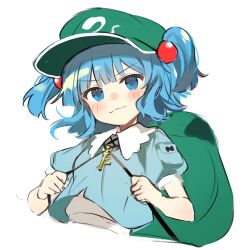 Rule 34 | 1girl, aqua shirt, backpack, bag, blue eyes, blue hair, blush, closed mouth, collared shirt, flat cap, green hat, hair bobbles, hair ornament, hat, highres, jill 07km, kawashiro nitori, key, looking at viewer, one-hour drawing challenge, shirt, short hair, short sleeves, simple background, solo, touhou, two side up, upper body, white background
