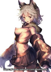 Rule 34 | 1girl, :d, animal ears, breasts, brown eyes, gauntlets, granblue fantasy, grey hair, looking at viewer, nipples, open mouth, perky breasts, redcomet, sen (granblue fantasy), sideboob, simple background, skirt, smile, solo, watermark, web address, white background