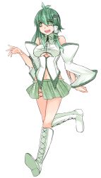 Rule 34 | 1girl, alternate costume, antenna hair, aoshima, boots, breasts, cross-laced footwear, detached sleeves, female focus, frog hair ornament, full body, green eyes, green hair, hair ornament, hair tubes, highres, kochiya sanae, lace-up boots, long hair, matching hair/eyes, miniskirt, navel, open mouth, skirt, smile, snake, solo, symbol-shaped pupils, touhou, transparent background, underboob