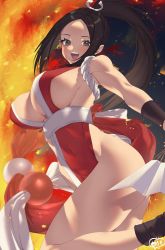 Rule 34 | 1girl, breasts, brown eyes, brown hair, fatal fury, folding fan, hand fan, high ponytail, highres, japanese clothes, large breasts, long hair, looking at viewer, murata tefu, open mouth, pelvic curtain, ponytail, revealing clothes, shiranui mai, sideboob, smile, solo, the king of fighters