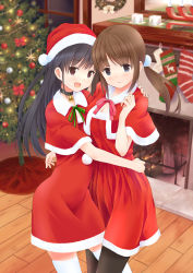 Rule 34 | 2girls, :d, absurdres, bell, neck bell, black hair, black legwear, blue eyes, blurry, breasts, brown hair, candle, capelet, choker, christmas, christmas stocking, christmas tree, cleavage, depth of field, dress, fireplace, fur trim, hand on another&#039;s shoulder, hat, head tilt, highres, hug, long hair, multiple girls, okiru, open mouth, original, pantyhose, pom pom (clothes), purple eyes, red dress, santa costume, santa hat, smile, standing, thighhighs, twintails, white legwear, window, wooden floor, wreath