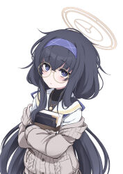 Rule 34 | 1girl, absurdres, bags under eyes, black hair, blue archive, blush, closed mouth, glasses, hazuki haru, highres, jewelry, long hair, looking at viewer, necklace, round eyewear, solo, ui (blue archive), yellow-framed eyewear