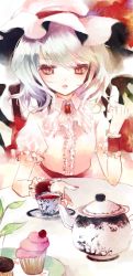 Rule 34 | 1girl, bad id, bad pixiv id, cupcake, female focus, flat chest, food, hat, pastry, prino hawell, remilia scarlet, saucer, solo, table, tea, teapot, touhou