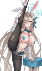Rule 34 | 1girl, animal ears, asuna (blue archive), asuna (bunny) (blue archive), bare shoulders, blue archive, blue eyes, blush, boshi (a-ieba), bow, bowtie, breasts, bridal gauntlets, brown pantyhose, detached collar, detached sleeves, fake animal ears, fishnets, flexible, grin, hair over one eye, halo, heart maebari, heart pasties, high heels, highres, kneepits, large breasts, leg lift, leg up, leotard, light brown hair, long hair, looking at viewer, maebari, meme attire, mole, mole on breast, pantyhose, pasties, playboy bunny, rabbit ears, reverse bunnysuit, reverse outfit, smile, solo, split, standing, standing on one leg, standing split, thighs, traditional bowtie