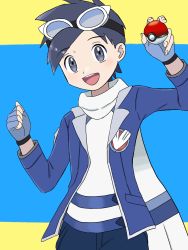 Rule 34 | 1boy, :d, black hair, blue jacket, blush, clenched hand, commentary request, creatures (company), ethan (pokemon), ethan (sygna suit) (pokemon), game freak, goggles, goggles on head, grey eyes, highres, holding, holding poke ball, jacket, male focus, nintendo, official alternate costume, open mouth, pants, poke ball, poke ball (basic), pokemon, pokemon masters ex, sana (37pisana), scarf, shirt, short hair, smile, solo, teeth, tongue, upper teeth only, white scarf, white shirt, wristband