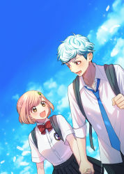 Rule 34 | 1boy, 1girl, :d, backpack, bag, black skirt, blazer, blue hair, blue necktie, blue sky, bob cut, bow, bowtie, chiroru, cloud, collared shirt, cowboy shot, day, dress shirt, emblem, eye contact, feathers, habataki academy school uniform, hair ornament, hairclip, hanegasaki academy school uniform, highres, holding hands, jacket, looking at another, looking away, looking to the side, miniskirt, necktie, open mouth, pleated skirt, protagonist (tokimemo gs4), red bow, red bowtie, red eyes, school uniform, shirahane daichi, shirt, short hair, short sleeves, skirt, sky, sleeves rolled up, smile, swept bangs, tokimeki memorial, tokimeki memorial girl&#039;s side 4th heart, walking, white shirt, yellow eyes