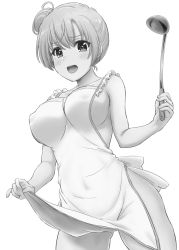 Rule 34 | 1girl, apron, bare arms, blush, covered, greyscale, hair bun, highres, inanaki shiki, ladle, looking at viewer, monochrome, naked apron, nipples, open mouth, pulling own clothes, short hair, simple background, single hair bun, solo, standing, thighs, white background, yahari ore no seishun lovecome wa machigatteiru., yuigahama yui