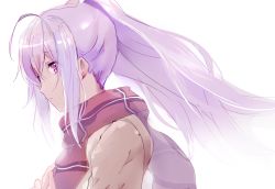 Rule 34 | 10s, 1girl, ahoge, android, bad id, bad pixiv id, blunt bangs, hand on own chest, high ponytail, highres, isla (plastic memories), long hair, n0bng, pink eyes, pink hair, plastic memories, ponytail, scarf, simple background, solo, white background