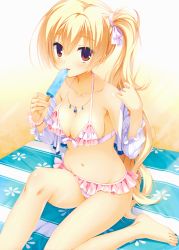 Rule 34 | 1girl, absurdres, amairo islenauts, bare legs, bare shoulders, barefoot, beach, bikini, blonde hair, bracelet, breasts, cleavage, collarbone, feet, flower bracelet, food, frilled bikini, frills, highres, huge filesize, jewelry, kobuichi, licking, long hair, looking at viewer, looking up, navel, necklace, off shoulder, pink bikini, popsicle, red eyes, shirley warwick, side ponytail, sitting, solo, swimsuit, tongue, tongue out, very long hair, yuzu-soft