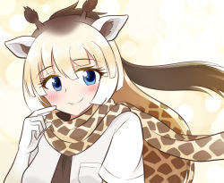 Rule 34 | 10s, 1girl, animal ears, animal print, blonde hair, blue eyes, blush, breast pocket, brown hair, commentary request, eyes visible through hair, giraffe ears, giraffe horns, giraffe print, horns, kemono friends, looking at viewer, multicolored hair, necktie, pocket, pointing, pointing at self, ponytail, print scarf, reticulated giraffe (kemono friends), scarf, smile, solo, tachibana shian, upper body