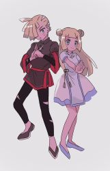 Rule 34 | 1boy, 1girl, ahoge, anzu (01010611), black pants, black undershirt, blonde hair, blush, brother and sister, clenched hand, commentary request, creatures (company), double bun, dress, ear piercing, game freak, gladion (pokemon), green eyes, hair bun, hair over one eye, highres, jacket, lillie (pokemon), long hair, nintendo, pants, parted lips, piercing, pokemon, pokemon sm, shoes, short hair, short sleeves, siblings, simple background, standing, sweatdrop, undershirt, white background, white dress