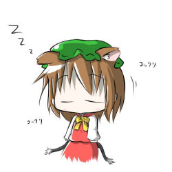 Rule 34 | 1girl, animal ears, aoblue, brown hair, cat ears, cat girl, cat tail, chen, chibi, female focus, hat, multiple tails, short hair, simple background, sleeping, solo, standing, tail, touhou