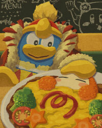 Rule 34 | broccoli, carrot slice, chalkboard, cherry tomato, closed eyes, closed mouth, coat, curry, food, foodification, fur-trimmed coat, fur trim, highres, indoors, king dedede, kirby, kirby (series), kirby cafe, miclot, nintendo, no humans, omelet, omurice, plate, red coat, red headwear, smile, tomato, waddle dee