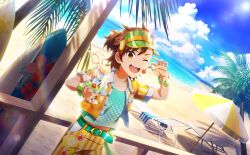 Rule 34 | 1boy, beach, belt, blue sky, bracelet, brown hair, buttons, cherry, cherry print, child, cloud, cup, drink, drinking straw, fingernails, food, food print, fruit, hat, highres, holding, holding cup, holding food, holding fruit, ice, ice cube, idolmaster, idolmaster side-m, idolmaster side-m live on stage!, jewelry, looking at viewer, male focus, male swimwear, midriff peek, ocean, official art, one-piece swimsuit, one eye closed, open mouth, orange male swimwear, orange swim trunks, palm tree, print male swimwear, print swim trunks, print swimsuit, see-through headwear, short sleeves, sky, striped clothes, striped male swimwear, striped one-piece swimsuit, surfboard, swim trunks, swimsuit, tachibana shiro (idolmaster), teeth, tree, umbrella, upper teeth only, vertical-striped clothes, vertical-striped male swimwear, vertical-striped one-piece swimsuit