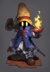 Rule 34 | 1boy, 2021, absurdres, blue coat, boots, coat, commentary, final fantasy, final fantasy ix, fire, full body, gloves, grey background, hat, highres, male focus, pants, red gloves, signature, snoozincopter, solo, staff, striped clothes, striped pants, vertical-striped clothes, vertical-striped pants, vivi ornitier, yellow eyes