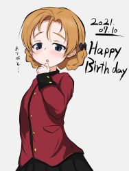 Rule 34 | 1girl, arm behind back, black bow, black skirt, blue eyes, blush, boko dream, bow, braid, commentary, dated, english text, girls und panzer, grey background, hair bow, half-closed eyes, hand to own mouth, happy birthday, highres, jacket, long sleeves, looking at viewer, military, military uniform, open mouth, orange hair, orange pekoe (girls und panzer), parted bangs, pleated skirt, red jacket, short hair, simple background, skirt, solo, st. gloriana&#039;s military uniform, standing, translated, twin braids, uniform