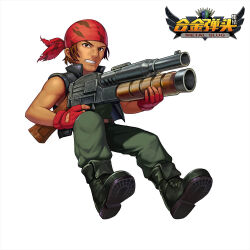 Rule 34 | 1boy, bandana, black footwear, brown eyes, brown hair, chinese commentary, copyright name, fingerless gloves, full body, gloves, green pants, gun, holding, holding gun, holding weapon, lisong shen, looking at viewer, male focus, metal slug, pants, ralf jones, red bandana, red gloves, short hair, simple background, solo, tan, weapon, white background
