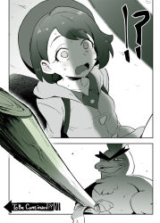 Rule 34 | !?, 1girl, 2koma, backpack, bag, beret, collarbone, collared shirt, comic, commentary request, creatures (company), game freak, gen 8 pokemon, gloria (pokemon), greyscale, hat, jacket, jojo no kimyou na bouken, long sleeves, monochrome, narrowed eyes, nintendo, open mouth, penis shadow, phallic symbol, pokemon, pokemon (creature), pokemon swsh, sexually suggestive, shadow, shirt, short hair, sirfetch&#039;d, sitting, smug, spring onion, surprised, sweat, ter (otokoter), to be continued, unibrow, wavy mouth, wide-eyed