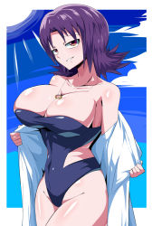 Rule 34 | 1girl, blue one-piece swimsuit, breasts, cleavage, collarbone, covered navel, creatures (company), game freak, highleg, highleg swimsuit, highres, jewelry, large breasts, looking at viewer, necklace, nintendo, one-piece swimsuit, philena ivy, pokemon, pokemon (anime), pokemon (classic anime), purple hair, shimure (460), shiny skin, sky, smile, spiked hair, strapless, strapless one-piece swimsuit, swimsuit, undressing, water