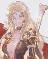 Rule 34 | 1girl, armor, blonde hair, blood, blood on clothes, blood on face, braid, braided bangs, breasts, center opening, cleavage, closed mouth, commentary, cross, drag-on dragoon, drag-on dragoon 3, facial mark, five (drag-on dragoon), forehead mark, hair ornament, highres, large breasts, long hair, miichinori, mole, mole under eye, roman numeral, shoulder armor, single braid, solo, x hair ornament, yellow eyes