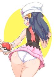 Rule 34 | 1girl, ass, bare shoulders, beanie, blue eyes, blue hair, blush, cougar (cougar1404), creatures (company), curvy, dawn (pokemon), dress, dutch angle, from behind, game freak, half updo, happy, hat, holding, holding poke ball, huge ass, long hair, looking at viewer, looking back, miniskirt, nintendo, open mouth, panties, pantyshot, pink skirt, pinky out, poke ball, poke ball (basic), pokemon, pokemon dppt, shiny skin, short dress, simple background, skirt, smile, solo, two-tone background, underwear, wedgie, white background, white panties, yellow background