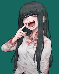 Rule 34 | 1girl, black hair, blood, blood on clothes, blue eyes, broken tooth, collared shirt, commission, fangs, finger to mouth, green background, hand up, highres, index finger raised, long hair, long sleeves, looking at viewer, original, shirt, simple background, solo, sparrowl, tongue, upper body, vampire, wing collar