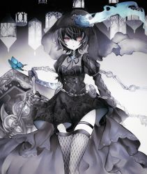 Rule 34 | 1girl, alice (sinoalice), bad id, bad pixiv id, blue flower, bug, butterfly, chain, choker, coffin, dim00, dress, earrings, facepaint, fishnets, flower, goth fashion, hat, highres, holding, holding weapon, insect, jewelry, looking at viewer, puffy sleeves, red eyes, ribbon, rose, short hair, sinoalice, solo, tattoo, thighhighs, top hat, veil, weapon, zettai ryouiki