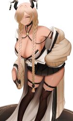 Rule 34 | 1girl, absurdres, azur lane, bare shoulders, black choker, black horns, black skirt, blonde hair, braid, breasts, brown coat, brown gloves, brown thighhighs, cable knit, choker, cleavage, coat, commentary, english commentary, feet out of frame, fishnet thighhighs, fishnets, gloves, hair over one eye, highres, horn ornament, horns, huge breasts, jewelry, large horns, leaning forward, long hair, long sleeves, looking at viewer, low twin braids, miniskirt, open clothes, open coat, owari (azur lane), pleated skirt, sagging breasts, sakuramon, simple background, sirtunalazycat, skirt, smile, solo, thighhighs, twin braids, undersized breast cup, very long hair, white background, yellow eyes, zettai ryouiki