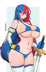Rule 34 | 1girl, adapted costume, alear (female) (fire emblem), alear (fire emblem), bikini, blue bikini, blue eyes, blue hair, blush, breasts, cleavage, crossed bangs, fire emblem, fire emblem engage, gloves, heterochromia, highres, kuromaruart, large breasts, liberation (fire emblem), long hair, looking at viewer, multicolored hair, navel, nintendo, puffy sleeves, pussy juice, pussy juice drip through clothes, red eyes, red hair, solo, split-color hair, sweat, swimsuit, thick thighs, thighhighs, thighs, two-tone hair, very long hair