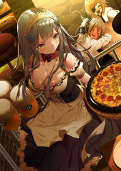Rule 34 | 3girls, :d, @ @, ^ ^, absurdres, alcohol, alternate costume, bare shoulders, beer, beer mug, blush, bow, bowtie, breasts, bsue, cleavage, closed eyes, cup, destroyer (girls&#039; frontline), diagonal bangs, dress, drooling, drunk, enmaided, eyepatch, food, girls&#039; frontline, gloves, grey hair, hair between eyes, hair ornament, highres, hk416 (girls&#039; frontline), m16a1 (boss) (girls&#039; frontline), m16a1 (girls&#039; frontline), maid, maid headdress, mug, multiple girls, necktie, open mouth, pizza, sitting, smile, twintails, yellow eyes