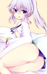 Rule 34 | 1girl, ass, bad id, bad pixiv id, blue eyes, breasts, clothes lift, cum, cumdrip, flat chest, japanese clothes, kariginu, long hair, looking back, lying, mononobe no futo, nipples, no bra, no panties, on side, ponytail, pussy, shirt lift, sidelocks, silver hair, small breasts, solo, tama (soon32281), thighs, touhou