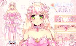 Rule 34 | 1girl, absurdres, animal slippers, bare shoulders, blonde hair, blush, breasts, character sheet, choker, collarbone, commentary, detached sleeves, dress, english commentary, flower, frilled choker, frills, full body, gradient hair, green eyes, hair flower, hair ornament, highres, indie virtual youtuber, linnea kataja, long hair, magical girl, mahou shoujo riri, medium breasts, moshie studio, multicolored hair, open hand, pink dress, pink hair, second-party source, see-through, see-through sleeves, slippers, smile, standing, thighhighs, very long hair, virtual youtuber, white lily