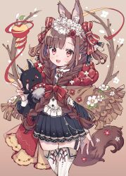 Rule 34 | 1girl, animal ear fluff, animal ears, braid, brown background, brown hair, flower, hand up, highres, holding, jikuno, low twin braids, open mouth, original, red eyes, simple background, solo, tail, thighhighs, twin braids, v
