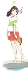Rule 34 | 1girl, absurdres, air jordan, barefoot, brown eyes, brown hair, cloba, full body, highres, holding, holding shoes, nike (company), ogino chihiro, ponytail, red shorts, sen to chihiro no kamikakushi, shoes, short hair, short sleeves, shorts, simple background, solo, standing, water, white background, yellow footwear