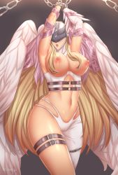 Rule 34 | 1girl, angewomon, asymmetrical clothes, belt, blonde hair, bodysuit, breasts, chain, covered eyes, digimon, digimon adventure, elbow gloves, feathered wings, gloves, head wings, helmet, highres, large breasts, long hair, multiple belts, multiple wings, nipples, single elbow glove, single pantsleg, skin tight, smile, solo, thick thighs, thigh strap, thighs, white bodysuit, white gloves, white wings, wings, wrist wings