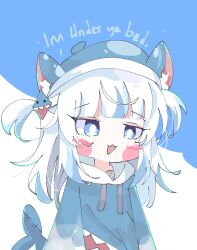 Rule 34 | 1girl, animal costume, animal ear fluff, animal ears, blue eyes, blue hair, blue headwear, blue hoodie, blunt bangs, blush stickers, bright pupils, cat ears, chibi, commentary, english commentary, english text, fins, fish tail, gawr gura, gawr gura (1st costume), grey hair, hair ornament, highres, hololive, hololive english, hood, hood down, hoodie, koyoinacho, long hair, long sleeves, looking at viewer, multicolored hair, open mouth, shark costume, shark girl, shark hair ornament, shark tail, sidelocks, simple background, smile, solo, streaked hair, tail, two-tone background, two side up, upper body, variant set, virtual youtuber, white background, white pupils