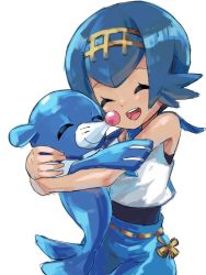 Rule 34 | 1girl, :d, ^ ^, bad id, bad twitter id, blue pants, blue sailor collar, closed eyes, creatures (company), crop top, game freak, gen 7 pokemon, hair between eyes, hug, koutetsu (fe steel stone), lana (pokemon), nintendo, one-piece swimsuit, open mouth, pants, pokemon, pokemon (creature), pokemon sm, popplio, sailor collar, sea lion, shirt, short hair, simple background, sleeveless, sleeveless shirt, smile, swimsuit, swimsuit under clothes, teeth, trial captain, white background