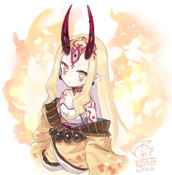 Rule 34 | 1girl, :&lt;, bare shoulders, belt, blonde hair, capriccio, fate/grand order, fate (series), horns, ibaraki douji (fate), japanese clothes, kimono, long hair, looking at viewer, oni, pointy ears, solo, tattoo, yellow eyes