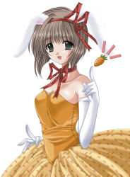 Rule 34 | 1girl, :d, animal ears, artist name, bare shoulders, breasts, brown hair, carrot, choker, cleavage, clover (game cg), collarbone, dress, elbow gloves, food print, from side, gloves, green eyes, hair ribbon, index finger raised, medium breasts, nishimata aoi, open mouth, orange dress, print dress, rabbit ears, red ribbon, ribbon, ribbon choker, short hair, simple background, smile, solo, strapless, strapless dress, tareme, white gloves