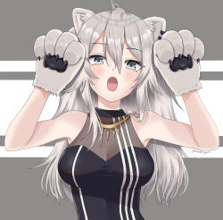 Rule 34 | 1girl, ahoge, animal ears, animal hands, bare shoulders, blush, breasts, cleavage, clover (cloversoya), earrings, fangs, gloves, grey eyes, grey hair, hair between eyes, hands up, highres, hololive, jewelry, large breasts, lion ears, lion girl, long hair, looking at viewer, necklace, open mouth, paw gloves, see-through, see-through cleavage, shirt, shishiro botan, shishiro botan (1st costume), sleeveless, sleeveless shirt, solo, virtual youtuber