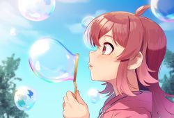 Rule 34 | 1girl, ahoge, blue sky, blurry, blurry background, blush, blowing bubbles, day, depth of field, from side, holding, idolmaster, idolmaster shiny colors, jewelry, kamille (vcx68), komiya kaho, long hair, necklace, outdoors, parted lips, profile, red eyes, red hair, sky, smile, soap bubbles, solo, sunlight, upper body