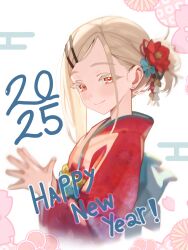 1girl 2025 absurdres asymmetrical_sidelocks blonde_hair blush colored_eyelashes earrings flower gakuen_idolmaster hair_flower hair_ornament happy_new_year highres idolmaster japanese_clothes jewelry kimono looking_at_viewer new_year orange_eyes own_hands_together red_kimono rehu_(astd5787) shinosawa_hiro smile solo steepled_fingers stud_earrings swept_bangs upper_body