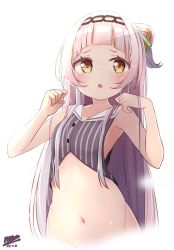 Rule 34 | 1girl, bare arms, bare shoulders, black hairband, black shirt, blunt bangs, blush, brown eyes, collarbone, collared shirt, commentary request, crop top, dated, grey hair, groin, hair bun, hair ornament, hairband, hands up, highres, hololive, long hair, murasaki shion, murasaki shion (1st costume), navel, nose blush, okota mikan, one side up, out-of-frame censoring, parted lips, pinstripe pattern, pinstripe shirt, shirt, side bun, signature, simple background, single hair bun, single side bun, sleeveless, sleeveless shirt, solo, striped clothes, striped shirt, vertical-striped clothes, vertical-striped shirt, very long hair, virtual youtuber, white background