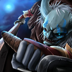 Rule 34 | 1boy, bad id, bad pixiv id, blue eyes, bracelet, eep167389, foreshortening, glowing, glowing eye, grip, highres, jewelry, league of legends, male focus, mask, moon, no humans, reverse grip, shen (league of legends), signature, silver hair, solo, sword, vambraces, weapon