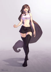 Rule 34 | 1girl, absurdly long hair, belt, black footwear, black hair, boots, breasts, crop top, earrings, eyebrows, final fantasy, final fantasy vii, final fantasy vii remake, full body, jewelry, large breasts, long hair, looking at viewer, medium breasts, navel, open mouth, phrecklesart, red eyes, smile, solo, square enix, teeth, thigh boots, thighhighs, tifa lockhart, upper teeth only, very long hair