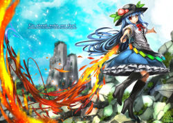Rule 34 | 1girl, blue hair, blue sky, blurry, boots, bow, broken ground, depth of field, food, fruit, hat, high heel boots, high heels, hinanawi tenshi, knee boots, mountain, peach, puffy short sleeves, puffy sleeves, red eyes, shirt, short sleeves, skirt, sky, solo, sword of hisou, touhou, umigarasu (kitsune1963)