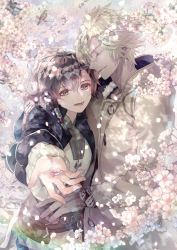 Rule 34 | 1boy, 1girl, arm around shoulder, braid, brown eyes, brown hair, cherry blossoms, day, closed eyes, foreshortening, haitaka no psychedelica, hetero, hexagonics, highres, hood, hood down, jed (haiaka no psychedelica), large hands, long hair, lugus (haitaka no psychedelica), outdoors, pouch, standing, white hair